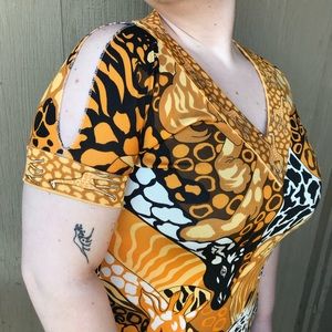 Vintage 70s giraffe mini dress large polyester safari animal print yellow orange